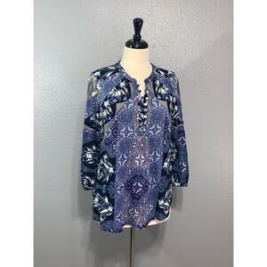 Lucky Brand Floral Medallion Pullover Top Blue M